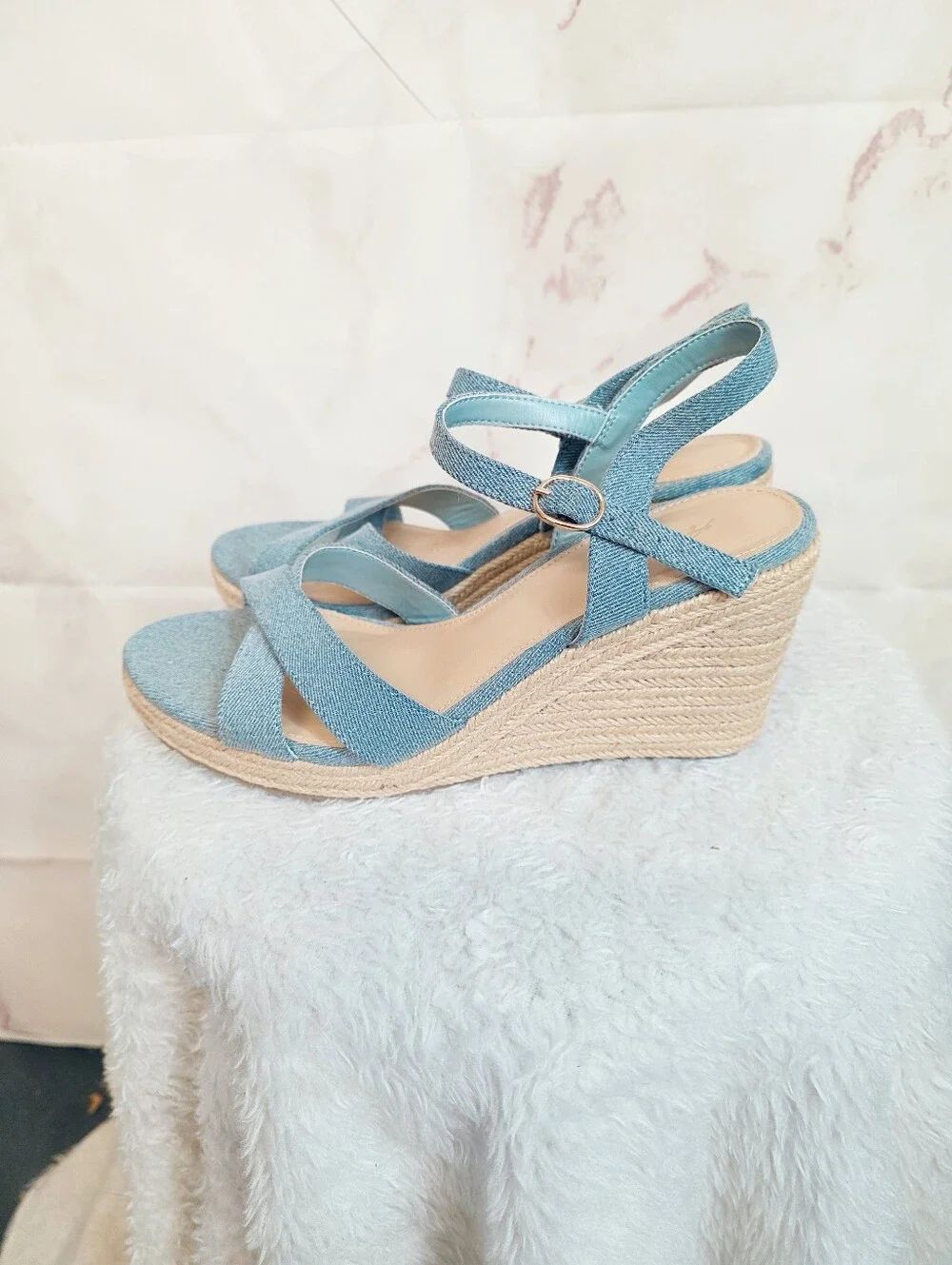 Ankis Blue Denim Espadrille Wedge Sandals Size 9 Ankle Strap Summer